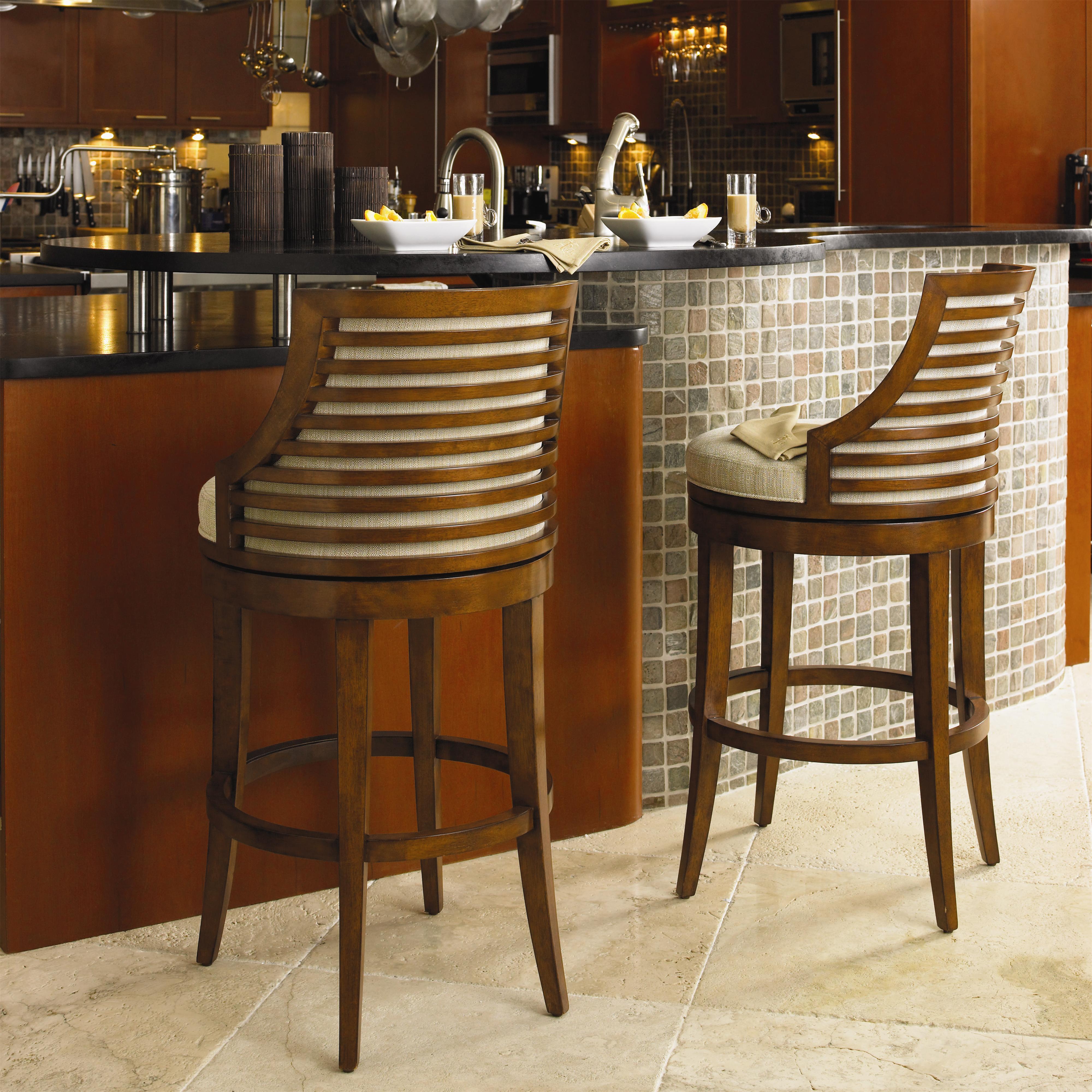 Tommy Bahama Home Ocean Club 810199427 Quick Ship 30 Cabana Swivel Bar Stool with Horizontal Back Slats Baer s Furniture Dining Chair Bar Stool